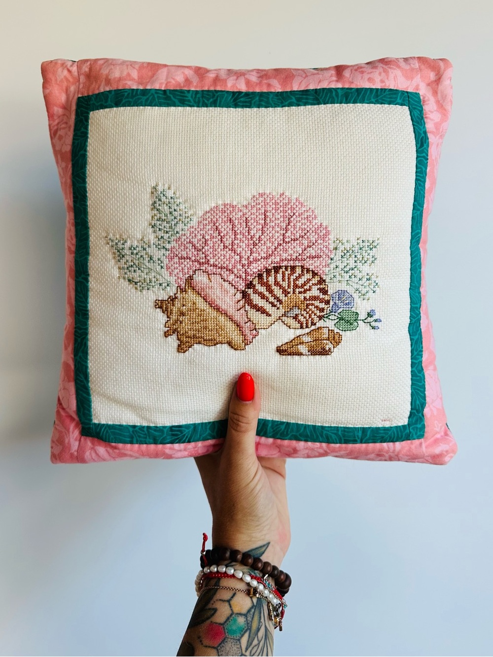 Vintage Hand Stitched Cross Stitch Sea Shell Pillow Coastal Coral Quilted 12x12